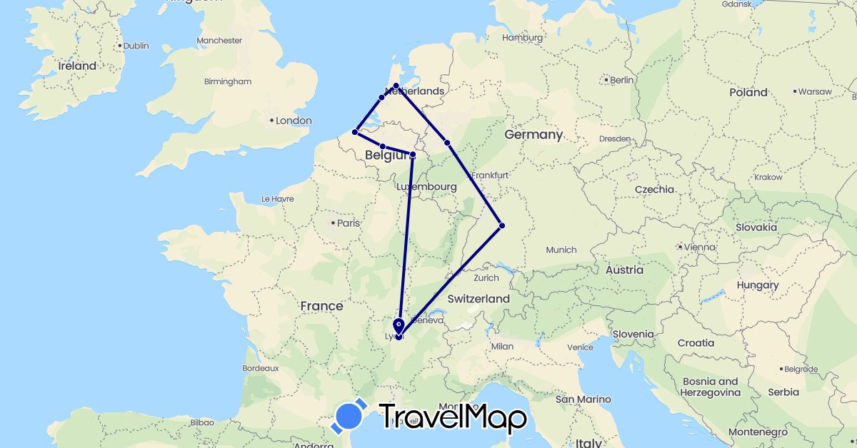 TravelMap itinerary: driving in Belgium, Germany, France, Netherlands (Europe)